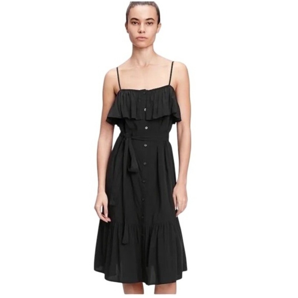 Gap Button Front Ruffle Cami True Black Sleeveless Midi Dress No Belt - S NWT